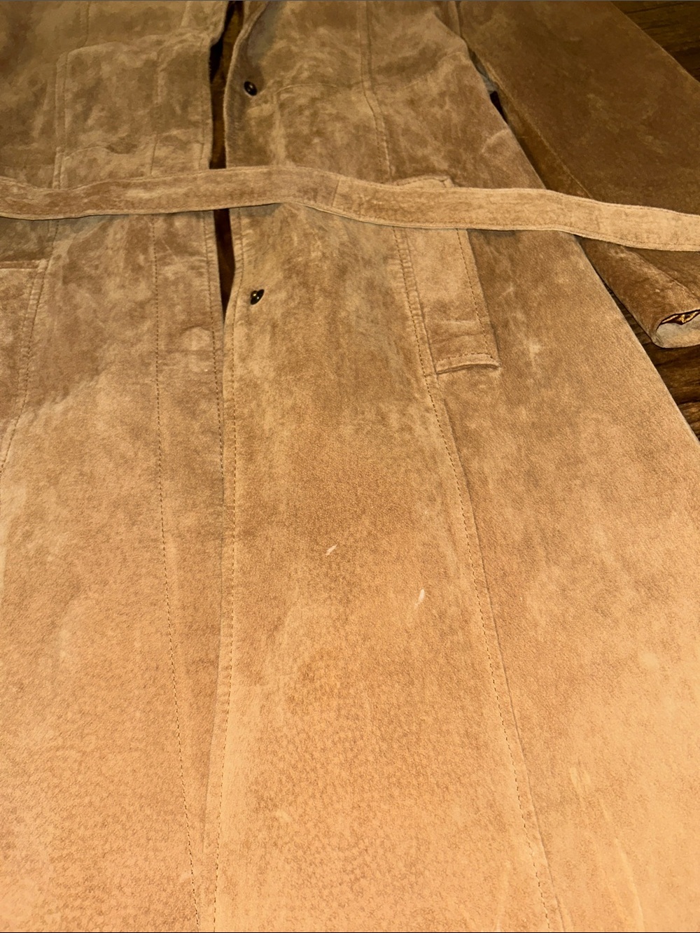 Arden B Camel Suede Long Belted Trench Coat - Picture 2 of 4